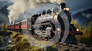 Vintage black steam locomotive train with wagons rush railway.