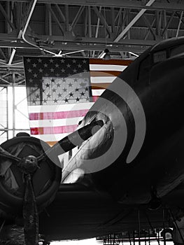 Vintage Black and White Airplane with American Flag