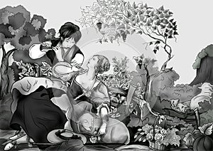 Vintage black-and-white engraving. An idyllic image of the life
