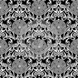 Vintage black and white floral greek vector seamless pattern. Ornamental antique style background. Ancient greek key