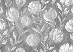 Vintage black and white floral seamless pattern. Watercolor painting flowers with silver contours on textured grey background.