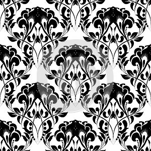 Vintage black and white floral vector seamless pattern. Ornamental beautiful Damask background. Antique Baroque renaissance style