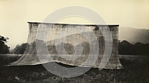 Vintage Black-and-white Image Of Crumbling Tarp In Grassy Field