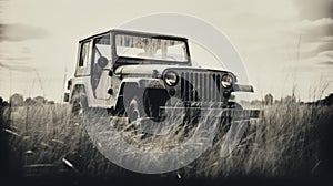 Vintage Black And White Jeep Cj-5 In Grass: Muted Colorscape Mastery