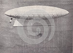 Vintage black and white photo of the first dirigible steerable balloon airship by Henri Giffard.