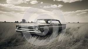 Vintage Black-and-white Photo Of Ford Fairlane In Grassy Field