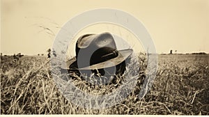 Vintage Black-and-white Photo Hat In Grassy Field