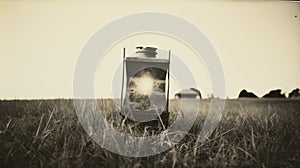 Vintage Black-and-white Photo: Old Lamp In Grassy Field