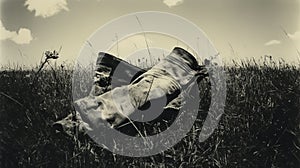 Vintage Black-and-white Photo Old Shoe In Grassy Field