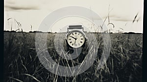 Vintage Black-and-white Photo: Old Watch In Grassy Field