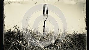 Vintage Black And White Photograph: Fork In The Field