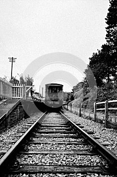 Vintage black and white railway with train