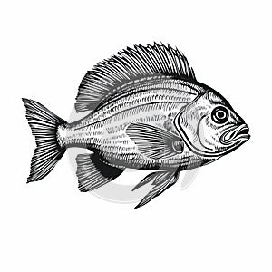 Vintage Black And White Striped Sea Bass Fish Stamp Illustration