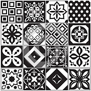 Vintage black and white traditional ceramic floor tile patterns vector collection