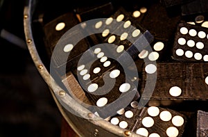 A Collection of Vintage Dominos in an Antique Metal Tray