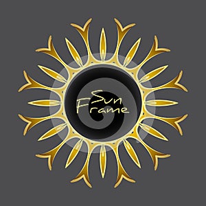 Vintage blank golden frame, stylized sun rays. Beautiful artwork vector design of yellow sun. Retro pattern illustration