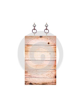 Vintage blank plank wood sign with old metal chain hanging isolated on white background , clipping path