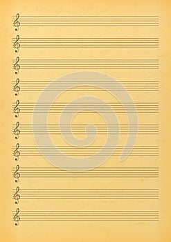 Vintage blank sheet music page. Old music paper with empty stave for writing notes.