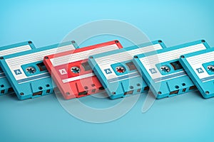 Vintage blue audio cassettes and one unique pink cassete on blue background. Creative retro concept of individuality