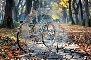 Vintage blue bicycle with brown leather seat and handlebars on park stone path