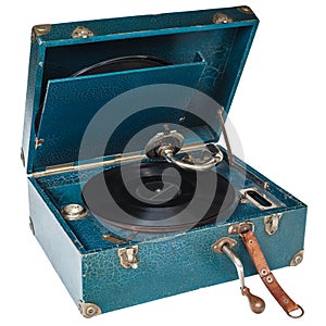 Vintage blue boxed turntable isolated on white