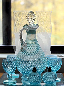 Vintage blue bubble glass decanter with glasses