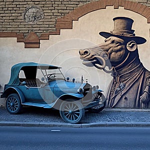 Vintage Blue Car with Beast Mural Retro Charm