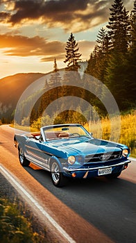 Vintage Blue Convertible Car 1965 Ford Mustang on Thrilling Mountain Road