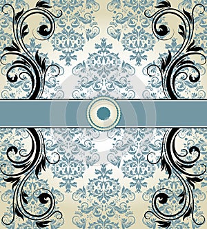 Vintage blue damask invitation card