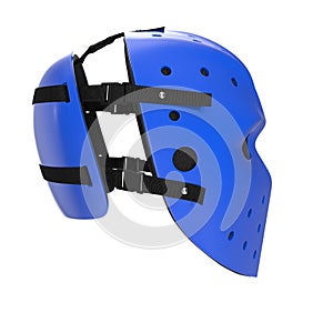 Vintage blue hockey mask on white. Side view. 3D illustration