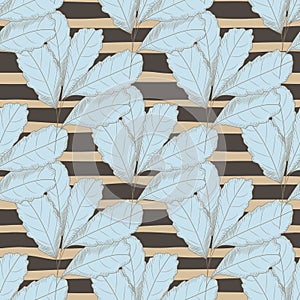 Vintage blue leaf seamless pattern on stripe background. Tree leaves backdrop. Autumn floral wallpaper