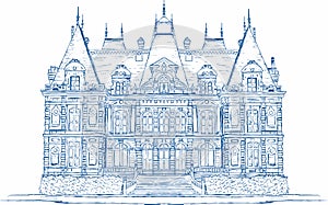 Vintage blue mansion. old building hand drawn illustration