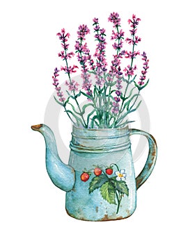 Vintage blue metal teapot with strawberries pattern and bouquet of lavender flowers.