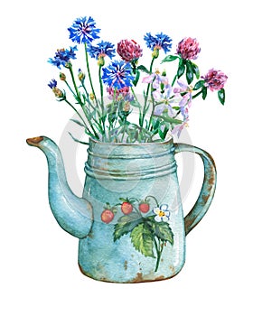 Vintage blue metal teapot with strawberries pattern and bouquet of wild flowers.