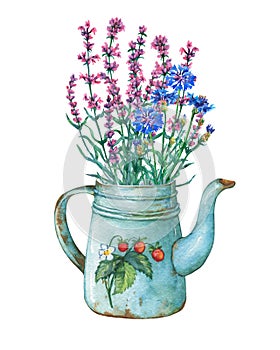 Vintage blue metal teapot with strawberries pattern and bouquet of wild flowers.