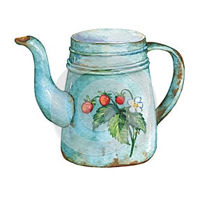 Vintage blue metal teapot with strawberries pattern.