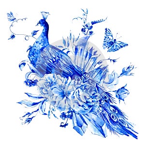 Vintage blue peacock with watercolor roses photo