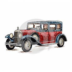 Vintage Blue And Red Car Illustration In Ink Wash Style