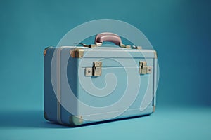 Vintage blue suitcase on teal background