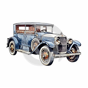 Vintage Blue Watercolor Illustration Of A 1920s Classic Automobile
