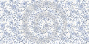 Vintage blue and white floral pattern, elegant vector background, seamless repeating print with hand drawn dahlia flowers,