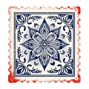 Vintage Blue And White Ornamental Stamp With Romantic Floral Motifs