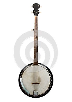 Vintage bluegrass banjo isolated on white background photo
