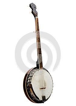 Vintage bluegrass banjo isolated on white background photo