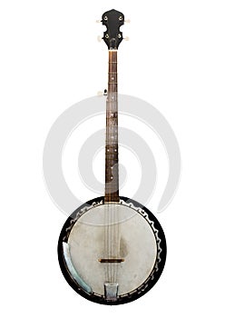 Vintage bluegrass banjo isolated on white background