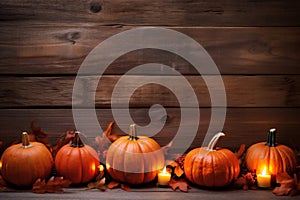 autumn pumpkin season fall wood leaf halloween orange background organic wooden. Generative AI.