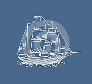 Vintage boat sketch. Hand drawn old pirate sea sailboat vector doodle sail schooner ship illustration on white