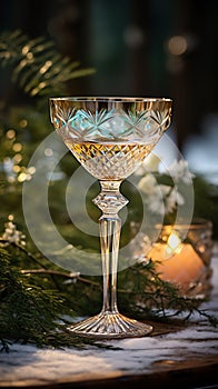Vintage bohemian crystal glass with a vermouth drink. Christmas greeting card concept. AI generated image