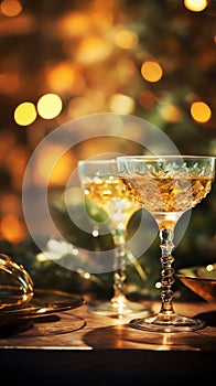 Vintage bohemian crystal glass with a vermouth drink. Christmas greeting card concept. AI generated image