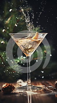 Vintage bohemian crystal glass with a vermouth drink. Christmas greeting card concept. AI generated image